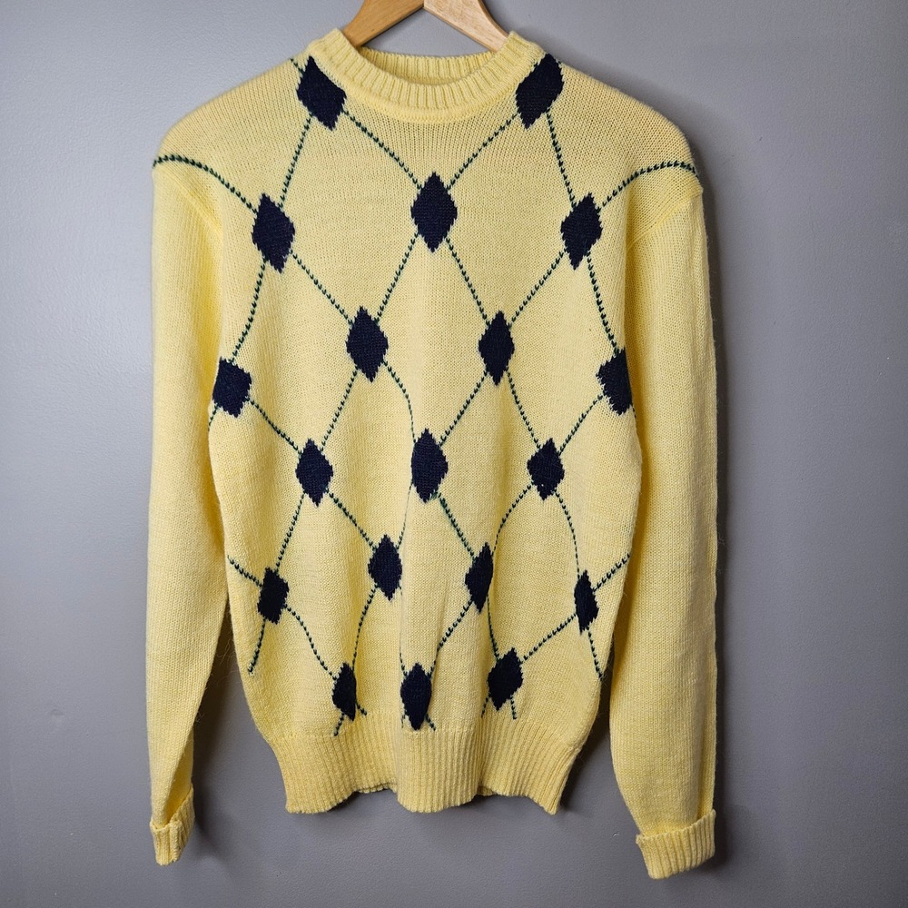 SIM Sportswear Vintage Argyle Crew Neck Sweater Yellow Navy Blue Size S 37876